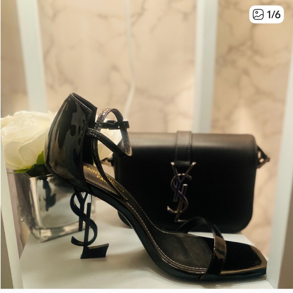 AUTHENTIC  Yves Saint Laurent Black Logo Heel Sandals